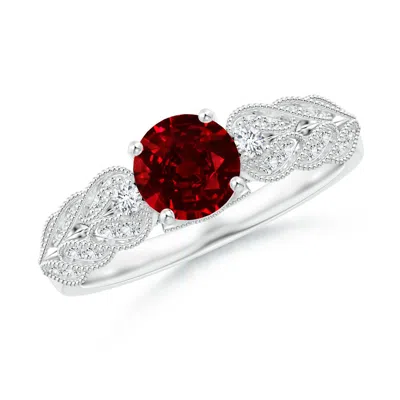 Angara Lab-grown Aeon Vintage Style Ruby Solitaire Engagement Ring With Milgrain In Green