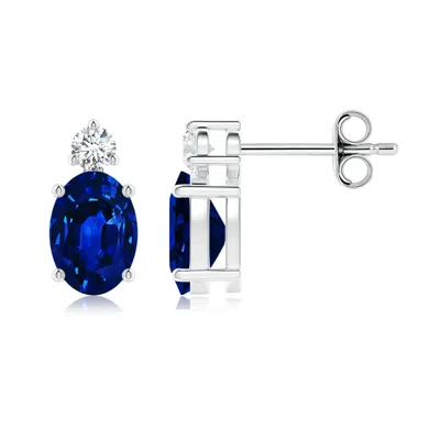 Angara Lab-grown Basket-set Oval Blue Sapphire Stud Earrings With Lab Diamond In Metallic