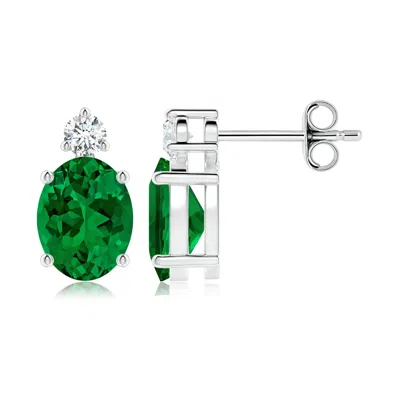 Angara Lab-grown Basket-set Oval Emerald Stud Earrings With Diamond In Green
