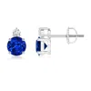 Angara Lab-grown Basket-set Round Blue Sapphire Stud Earrings With Diamond In White Gold/deep Rich Blue