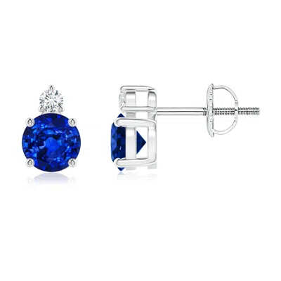 Angara Lab-grown Basket-set Round Blue Sapphire Stud Earrings With Diamond In Metallic
