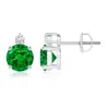 Angara Lab-grown Basket-set Round Emerald Stud Earrings With Diamond In Platinum/rich Green