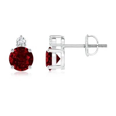 Angara Lab-grown Basket-set Round Ruby Stud Earrings With Diamond In Metallic