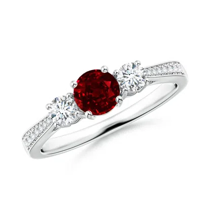 Angara Lab-grown Cathedral Three Stone Ruby & Diamond Engagement Ring In Red