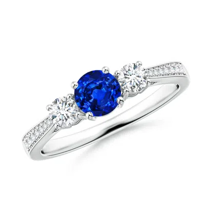 Angara Lab-grown Cathedral Three Stone Sapphire & Diamond Engagement Ring In Blue