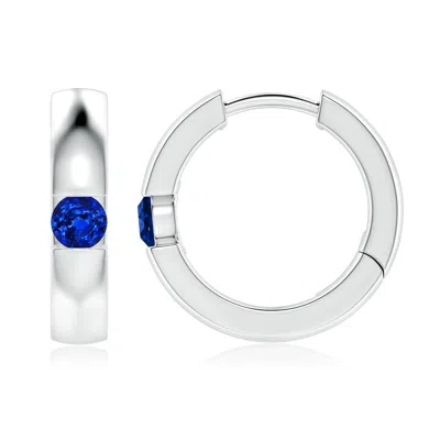 Angara Lab-grown Channel-set Round Blue Sapphire Hinged Hoop Earrings In White