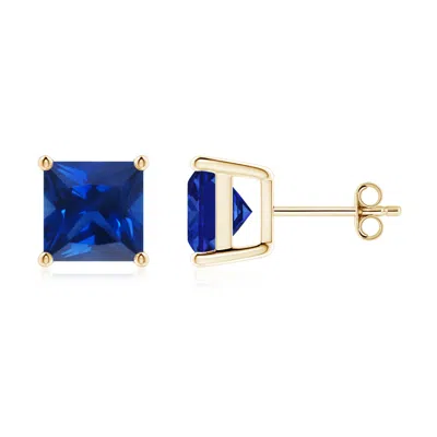 Angara Lab-grown Classic Basket-set Square Blue Sapphire Stud Earrings