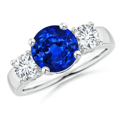 Angara Lab-grown Classic Blue Sapphire And Lab Diamond Three Stone Engagement Ring In Gold