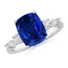Angara Lab-grown Classic Cushion Rectangular Blue Sapphire Side Stone Engagement Ring In White Gold/deep Rich Blue
