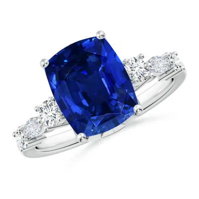 Angara Lab-grown Classic Cushion Rectangular Blue Sapphire Side Stone Engagement Ring