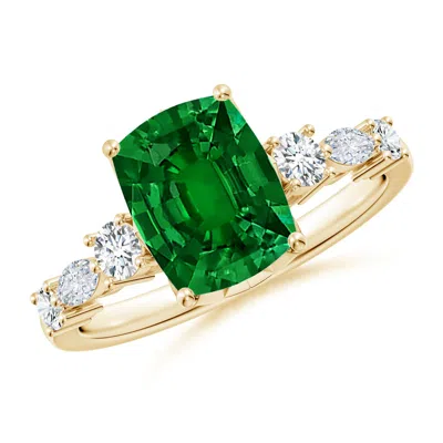 Angara Lab-grown Classic Cushion Rectangular Emerald Side Stone Engagement Ring In Green