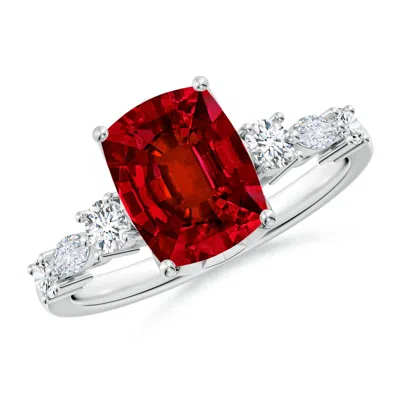 Angara Lab-grown Classic Cushion Rectangular Ruby Side Stone Engagement Ring In Red