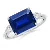 Angara Lab-grown Classic East-west Emerald-cut Blue Sapphire Side Stone Engagement Ring In White Gold/deep Rich Blue