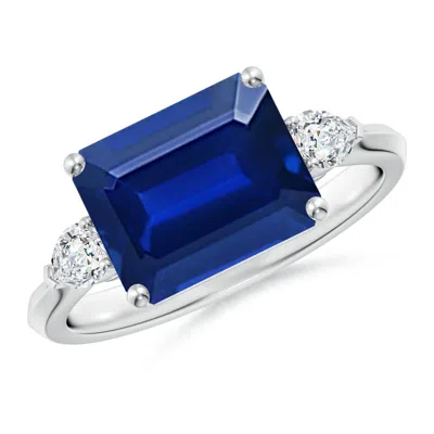 Angara Lab-grown Classic East-west Emerald-cut Blue Sapphire Side Stone Engagement Ring