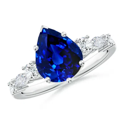 Angara Lab-grown Classic Pear Blue Sapphire Side Stone Engagement Ring In Metallic
