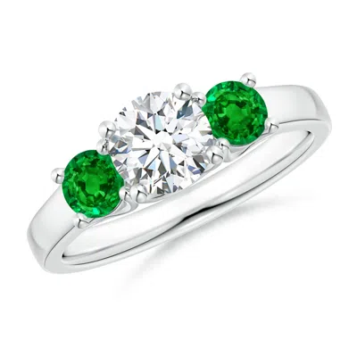 Angara Lab-grown Classic Round Diamond And Emerald Three Stone Ring In Green