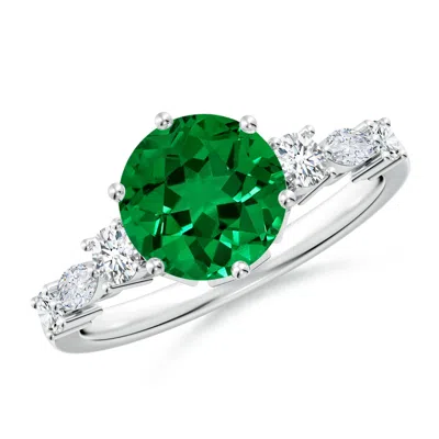 Angara Lab-grown Classic Round Emerald Side Stone Engagement Ring In Green