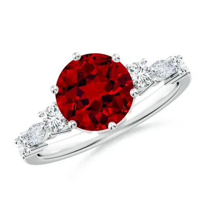 Angara Lab-grown Classic Round Ruby Side Stone Engagement Ring In Green