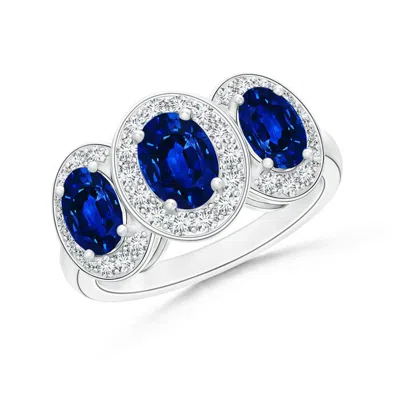 Angara Lab-grown Classic Three Stone Blue Sapphire Ring With Diamond Halo In Metallic