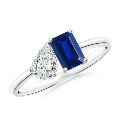 Angara Lab-grown Classic Two-stone Emerald-cut Blue Sapphire & Pear Diamond Ring In Metallic