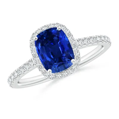 Angara Lab-grown Claw Set Cushion-cut Blue Sapphire Ring With Diamonds