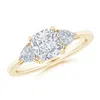 Angara Lab-grown Cushion And Trillion Diamond Three Stone Reverse Tapered Shank Engagement Ring In Yellow Gold/f-g