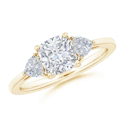 Angara Lab-grown Cushion And Trillion Diamond Three Stone Reverse Tapered Shank Engagement Ring In Gold