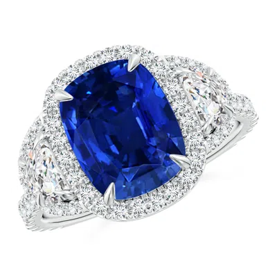 Angara Lab-grown Cushion Blue Sapphire And Half Moon Diamond Halo Ring