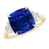 Angara Lab-grown Cushion Blue Sapphire Engagement Ring With Trio Diamonds In Yellow Gold/deep Rich Blue