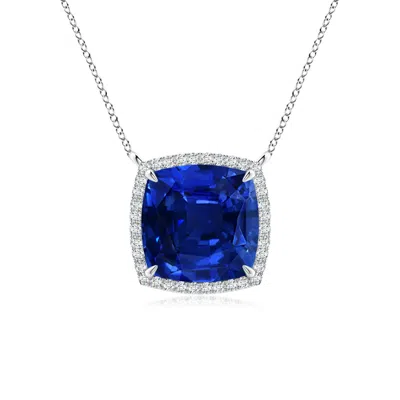 Angara Lab-grown Cushion Blue Sapphire Halo Pendant With Filigree In Metallic