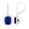 Angara Lab-grown Cushion Blue Sapphire Leverback Earrings With Lab Diamond Halo In White Gold/deep Rich Blue