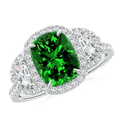 Angara Lab-grown Cushion Emerald And Half Moon Diamond Halo Ring In Green