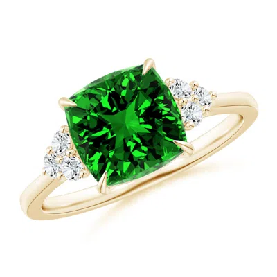 Angara Lab-grown Cushion Emerald Engagement Ring With Trio Diamonds In Green