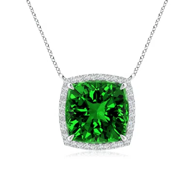 Angara Lab-grown Cushion Emerald Halo Pendant With Filigree In Metallic