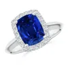 Angara Lab-grown Cushion Rectangular Blue Sapphire Halo Knife-edge Shank Engagement Ring In White Gold/deep Rich Blue