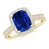 Angara Lab-grown Cushion Rectangular Blue Sapphire Reverse Tapered Shank Halo Engagement Ring In Yellow Gold/deep Rich Blue