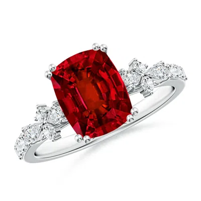 Angara Lab-grown Cushion Rectangular Ruby Side Stone Engagement Ring With Accents In Metallic