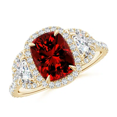 Angara Lab-grown Cushion Ruby And Half Moon Diamond Halo Ring In Red