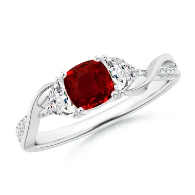 Angara Lab-grown Cushion Ruby And Half Moon Diamond Leaf Ring In Metallic