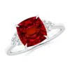 Angara Lab-grown Cushion Ruby Engagement Ring With Trio Diamonds In White Gold/deep Rich Red