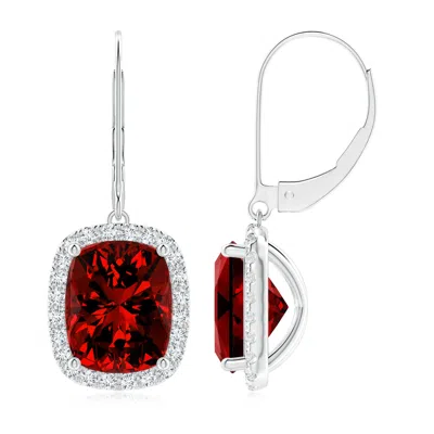 Angara Lab-grown Cushion Ruby Leverback Earrings With Lab Diamond Halo In Metallic