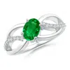 Angara Lab-grown Diagonal Oval Emerald Criss Cross Ring With Diamond Accents In White Gold/rich Green