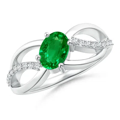 Angara Lab-grown Diagonal Oval Emerald Criss Cross Ring With Diamond Accents In Green