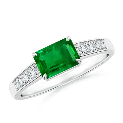 Angara Lab-grown East West Emerald-cut Emerald Solitaire Ring With Diamond Accents In Green