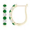 Angara Lab-grown Emerald And Diamond Huggie Hoop Earrings In Yellow Gold/rich Green