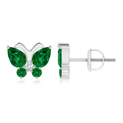 Angara Lab-grown Emerald Butterfly Stud Earrings With Lab Diamond In Metallic