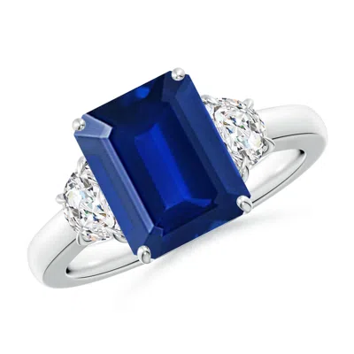 Angara Lab-grown Emerald-cut Blue Sapphire And Half Moon Lab Diamond Three Stone Ring In Metallic