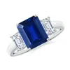 Angara Lab-grown Emerald-cut Blue Sapphire And Lab Diamond Three Stone Ring In White Gold/deep Rich Blue