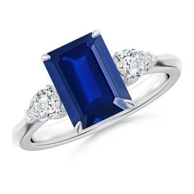 Angara Lab-grown Emerald-cut Blue Sapphire And Pear Diamond Three Stone Engagement Ring In Metallic