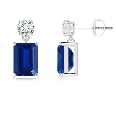 Angara Lab-grown Emerald-cut Blue Sapphire Drop Earrings With Lab Diamond